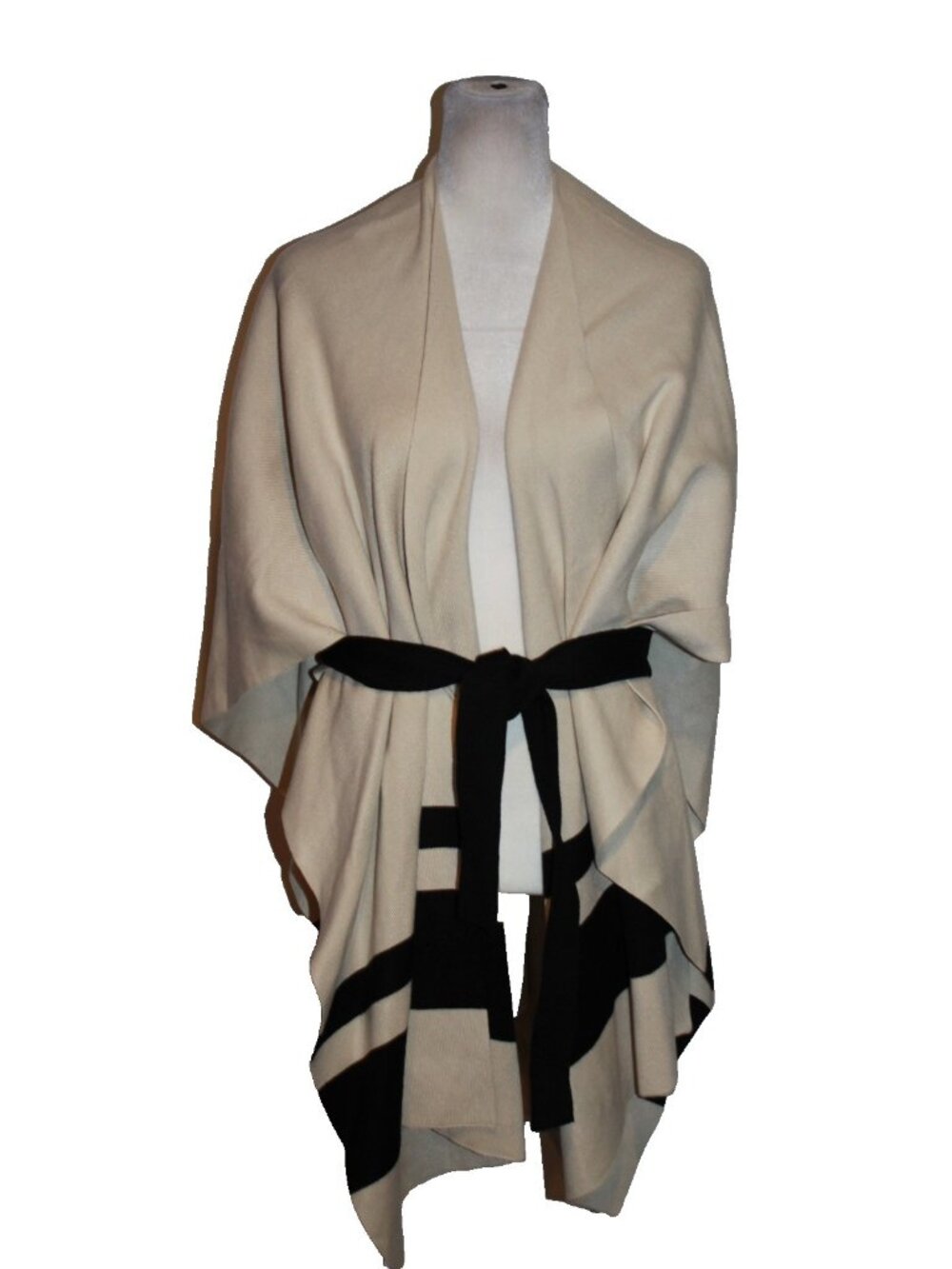 White House Black Market Beige Black Ruana Stripe Knit Wrap Poncho One Size